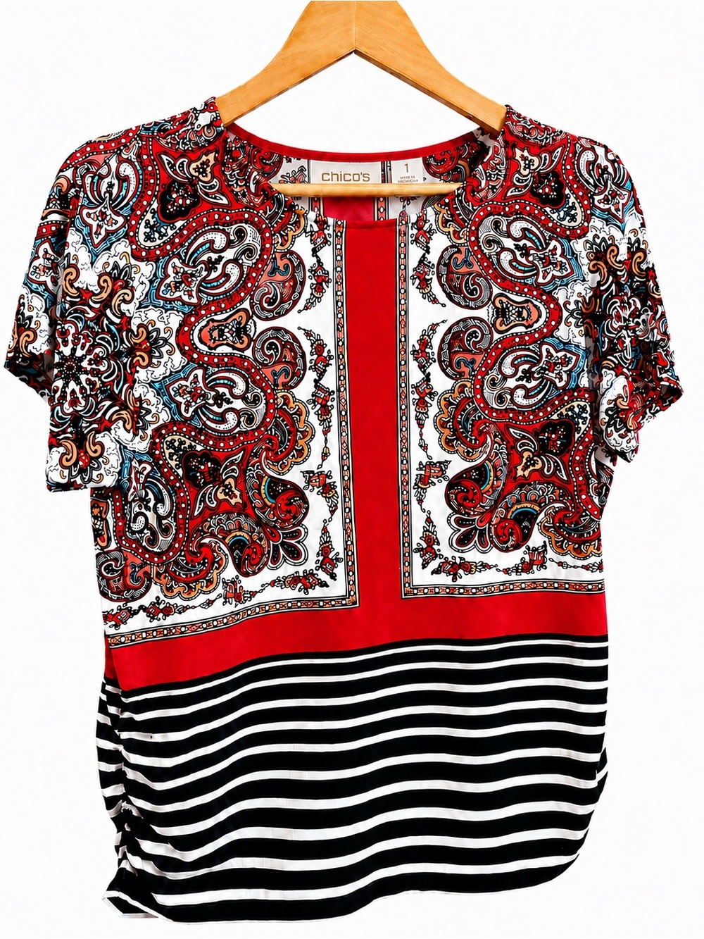 ✨3/30 Sale✨ Chico’s Scarf Print Ruched Side Top Red Black Stretch Size 1 (M)